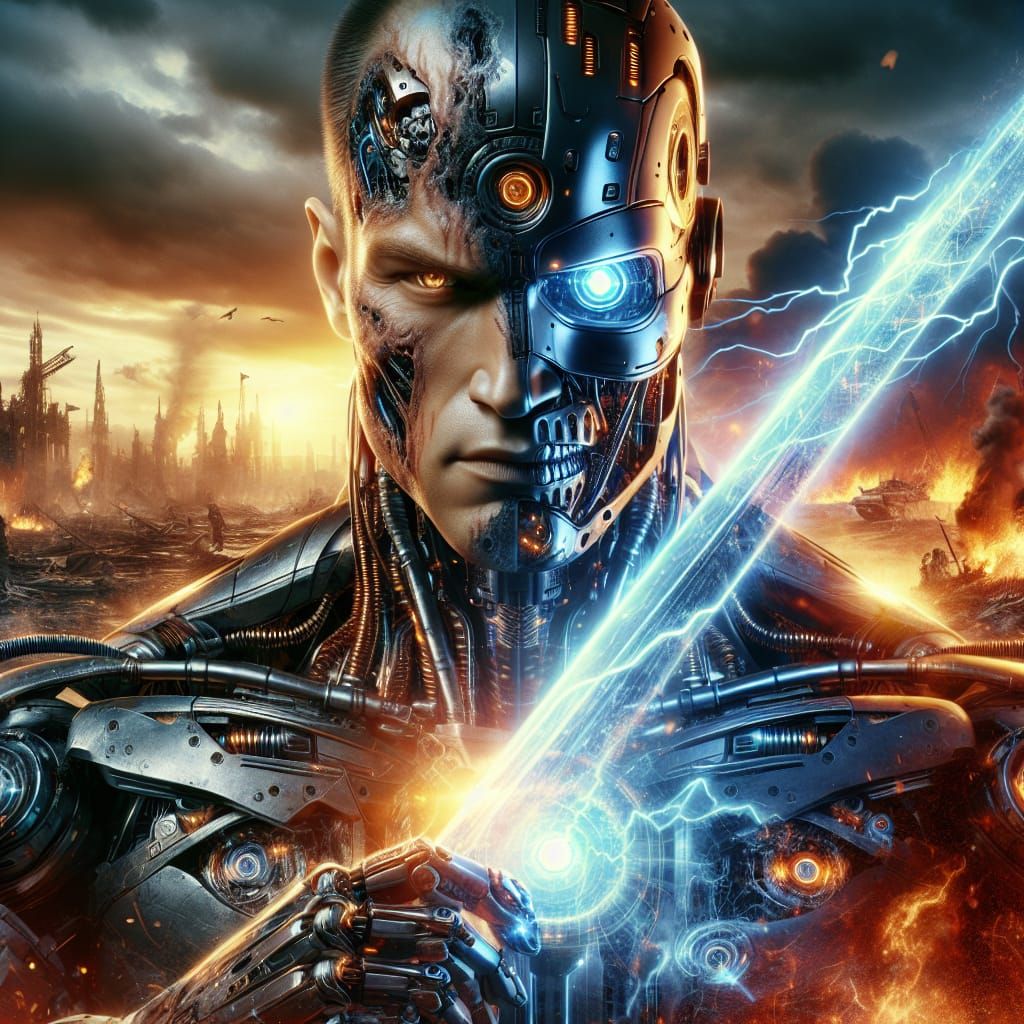 Cyborg Warrior Advances in Futuristic Battle