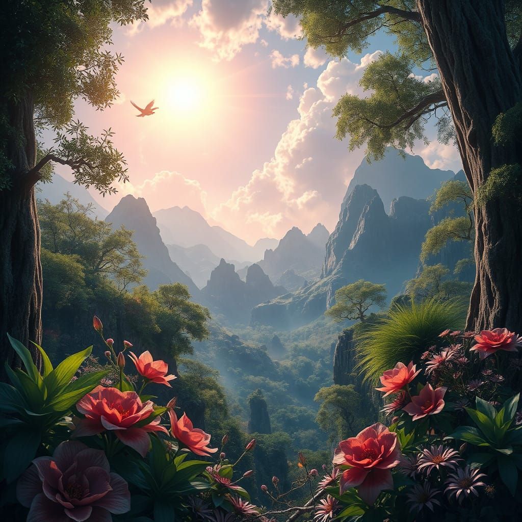 Mystical Nature in Vibrant Foliage and Ethereal Skies