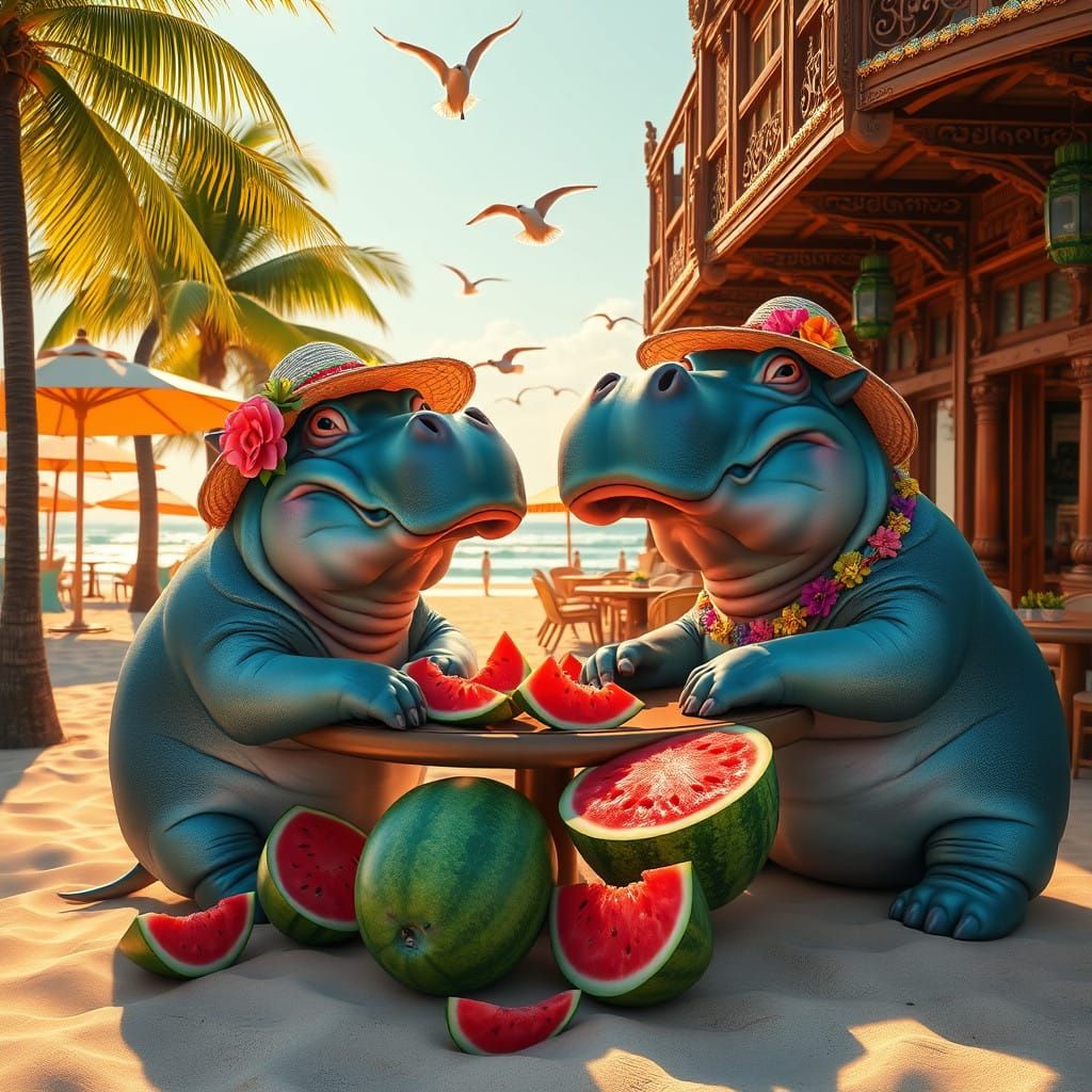 Vibrant Hippopotamuses Enjoy Seaside Feast in Whimsical Fant...