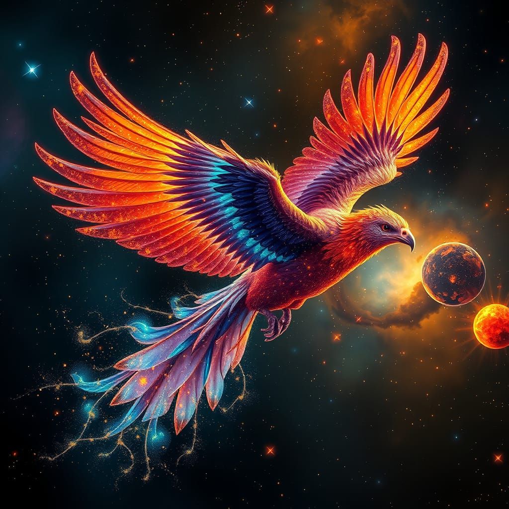 Bioluminescent Phoenix Soaring Through Nebula Sky