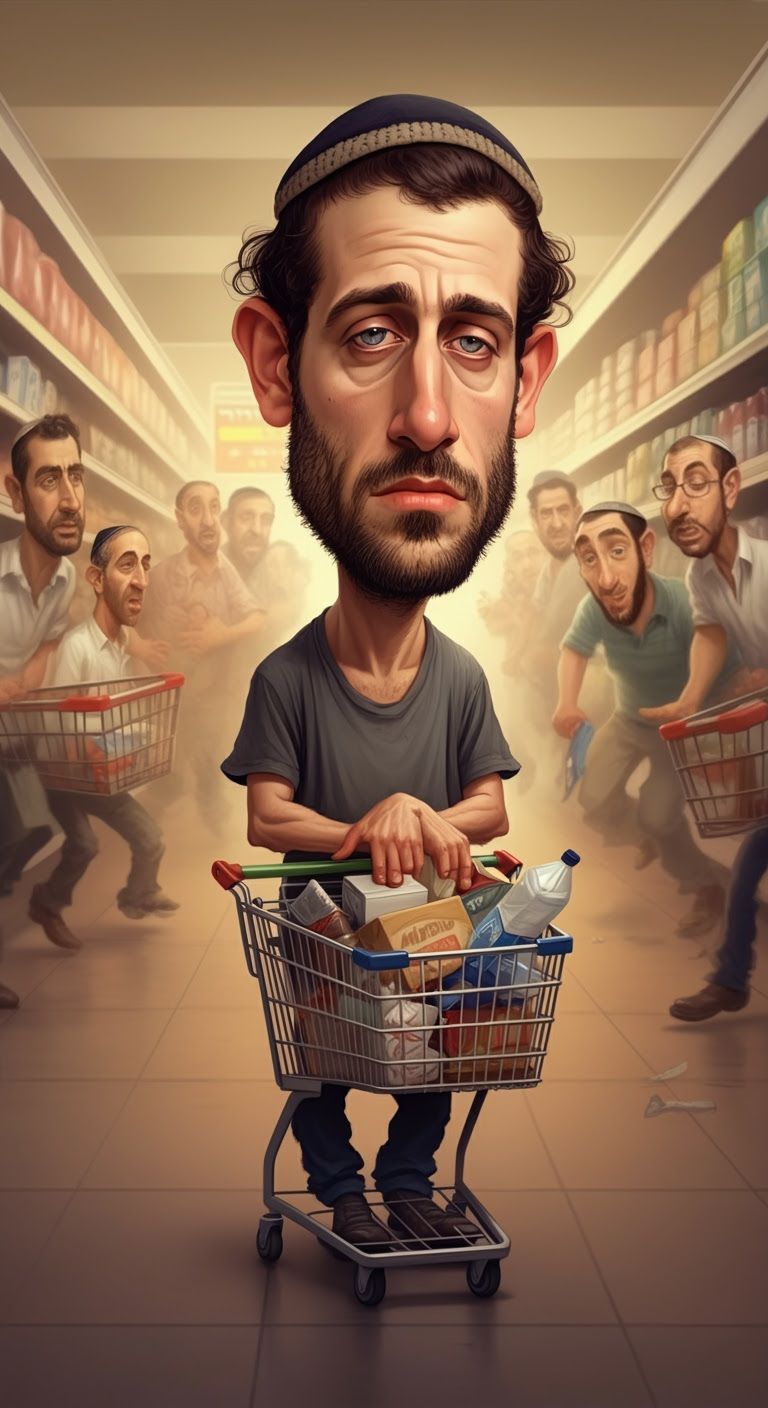 Humorous Caricature of Man Overwhelmed by Supermarket Chaos
