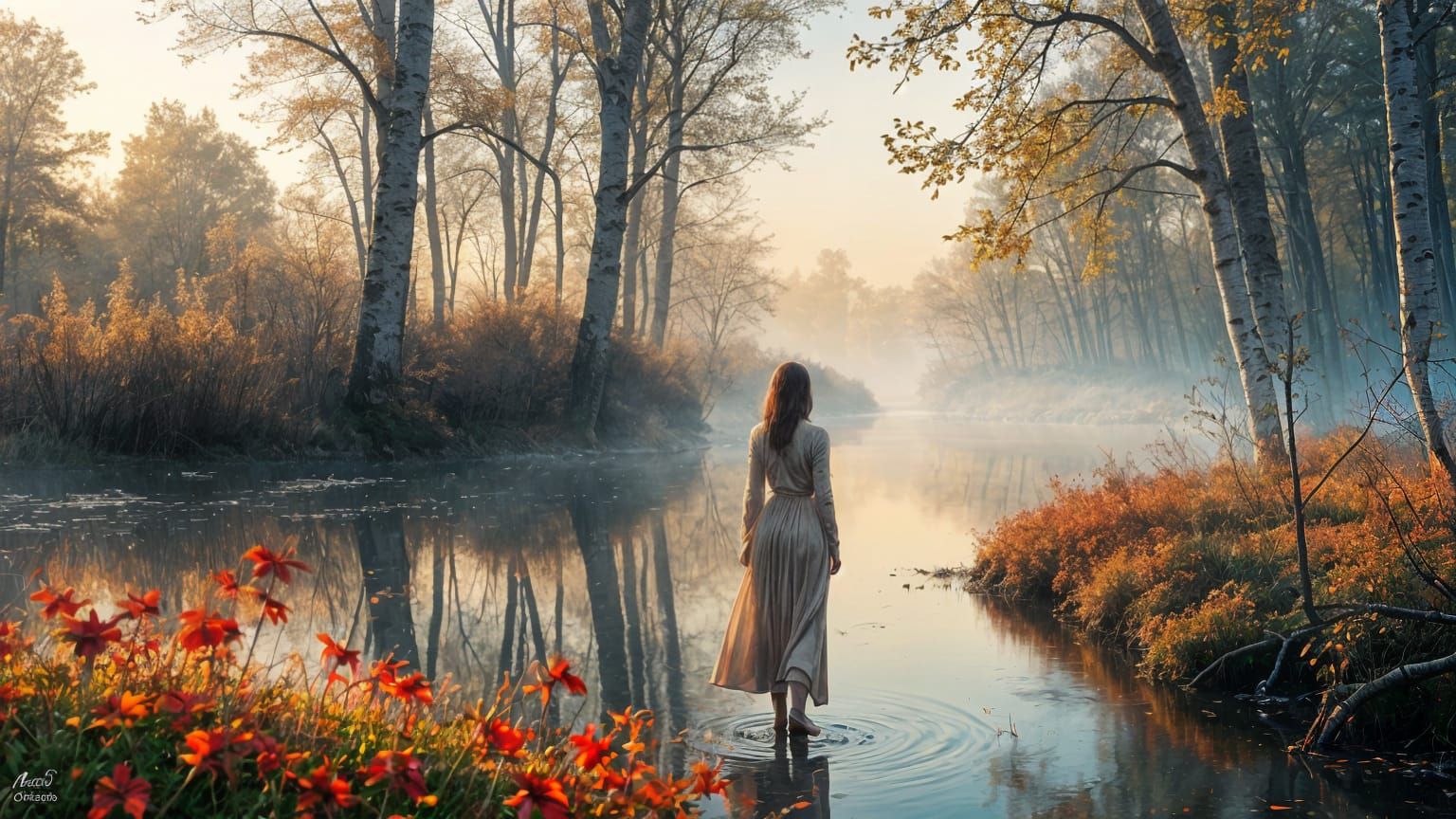 Autumn Forest River at Dusk in Anime Style