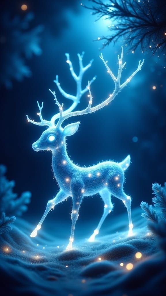 Enchanted Glowing Blue Deer in Glittering Forest
