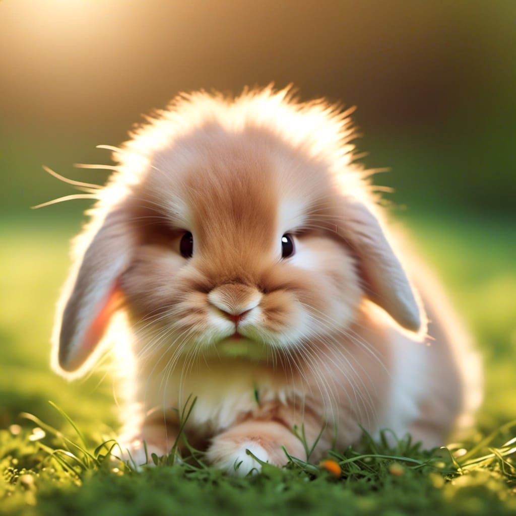 Adorable Fluffy Bunny Chewing Grass in Natural Light