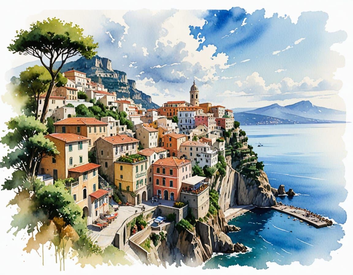 Serene Amalfi Coast Watercolor Scene