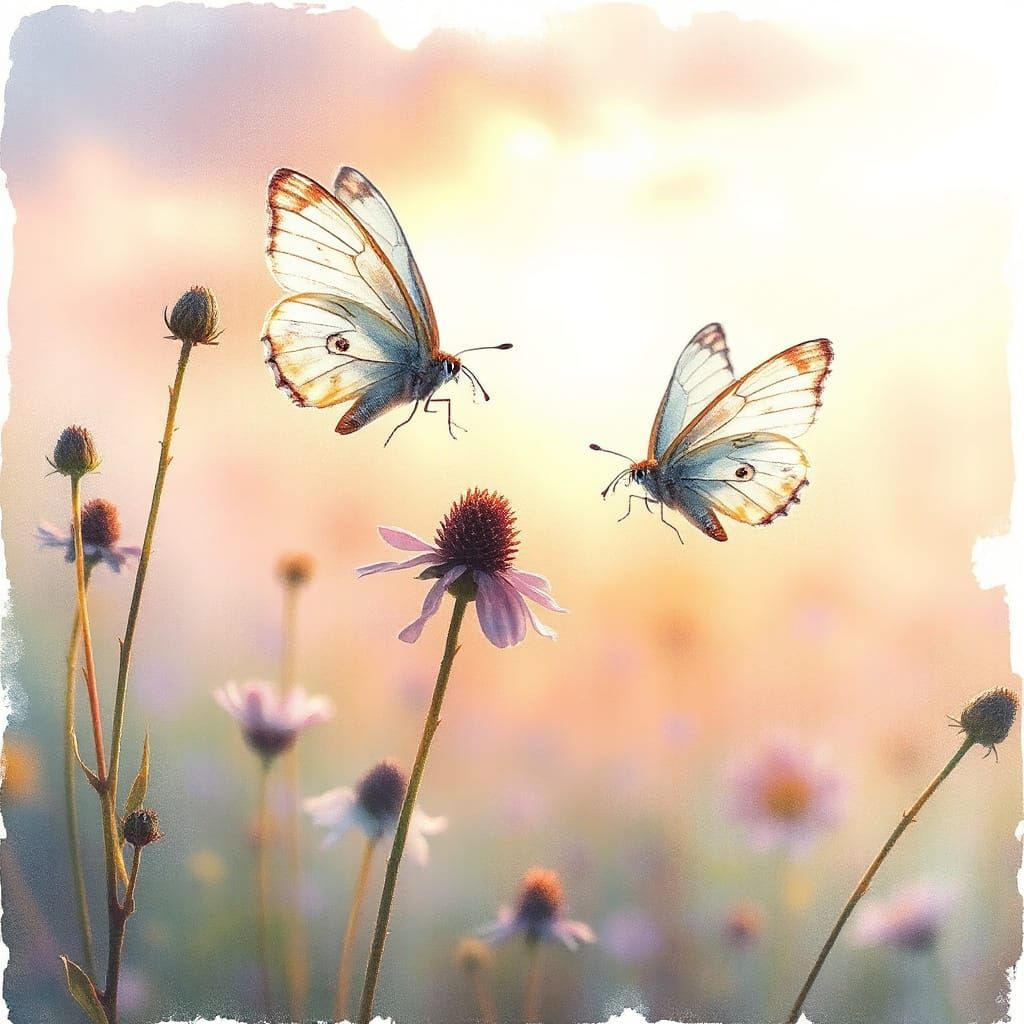 Butterflies in Lavender Meadow, Watercolor Painting