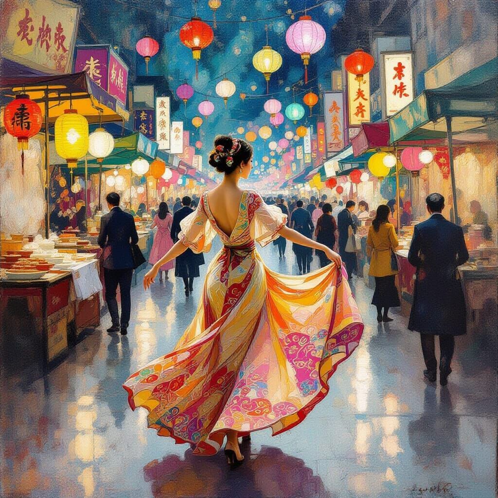 Night Market Dancer in Art Nouveau Style