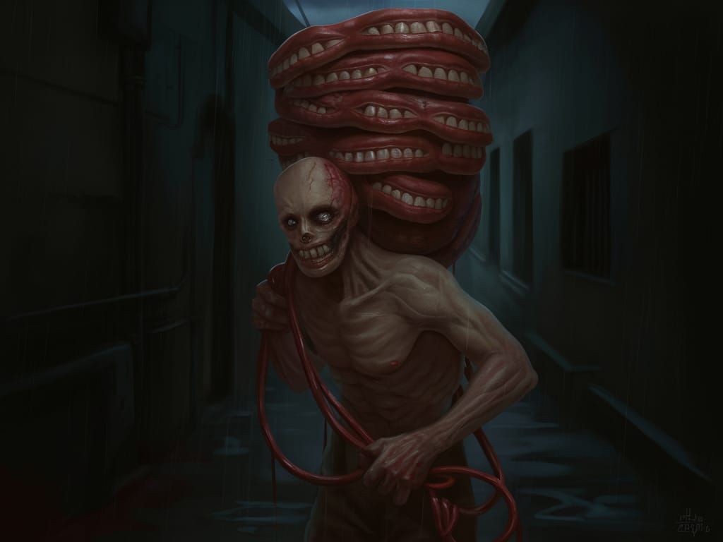 Surreal Horror: Gaunt Humanoid in a Dark Alley