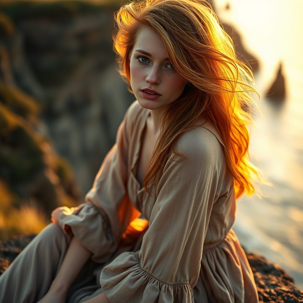 A young beautiful Dutch woman with striking ginger hair sits...