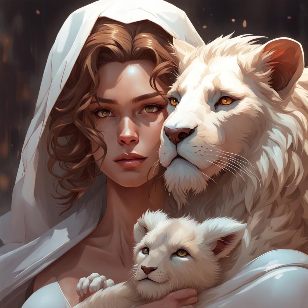 Superhero Girl with Lion, Hyperdetailed Portrait