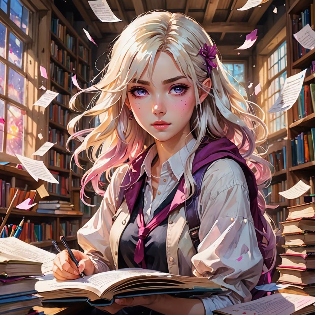 Hyper-Realistic Anime Portrait in Vibrant Study Hall