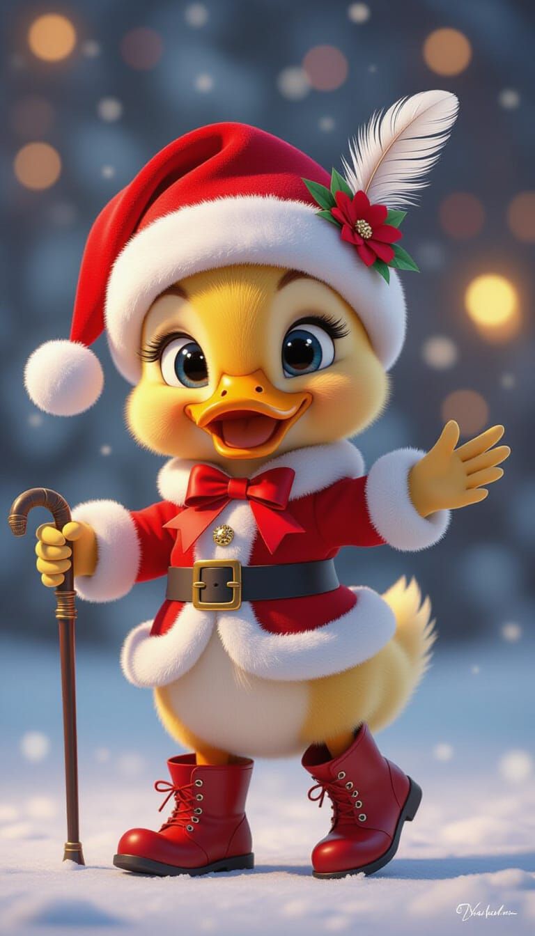 Cute Baby Duck in Santa Outfit, Hyperrealistic Pixar Style