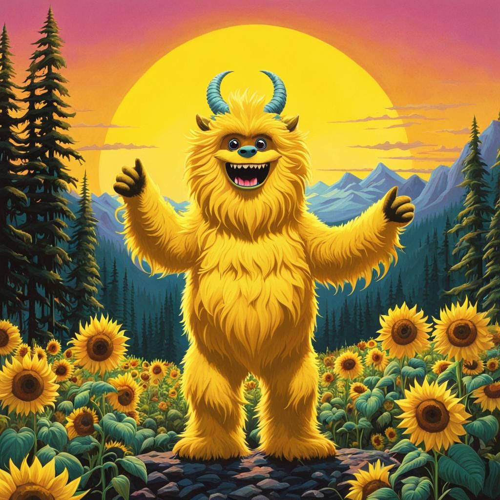 Bright Yellow Yeti Smelling Sunflowers at Sunrise