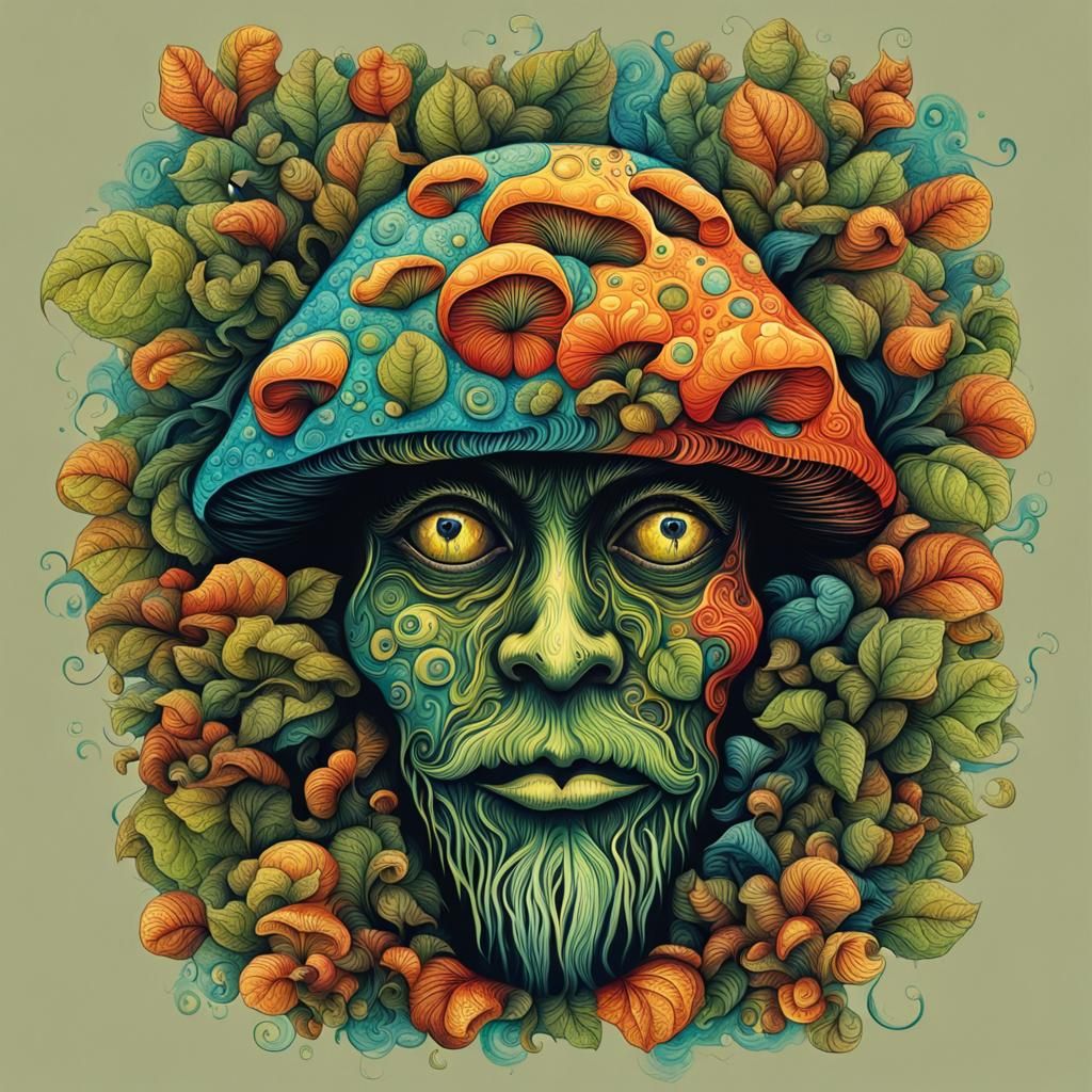 Psychedelic Mushroom Face with Hops: Abstract Art
