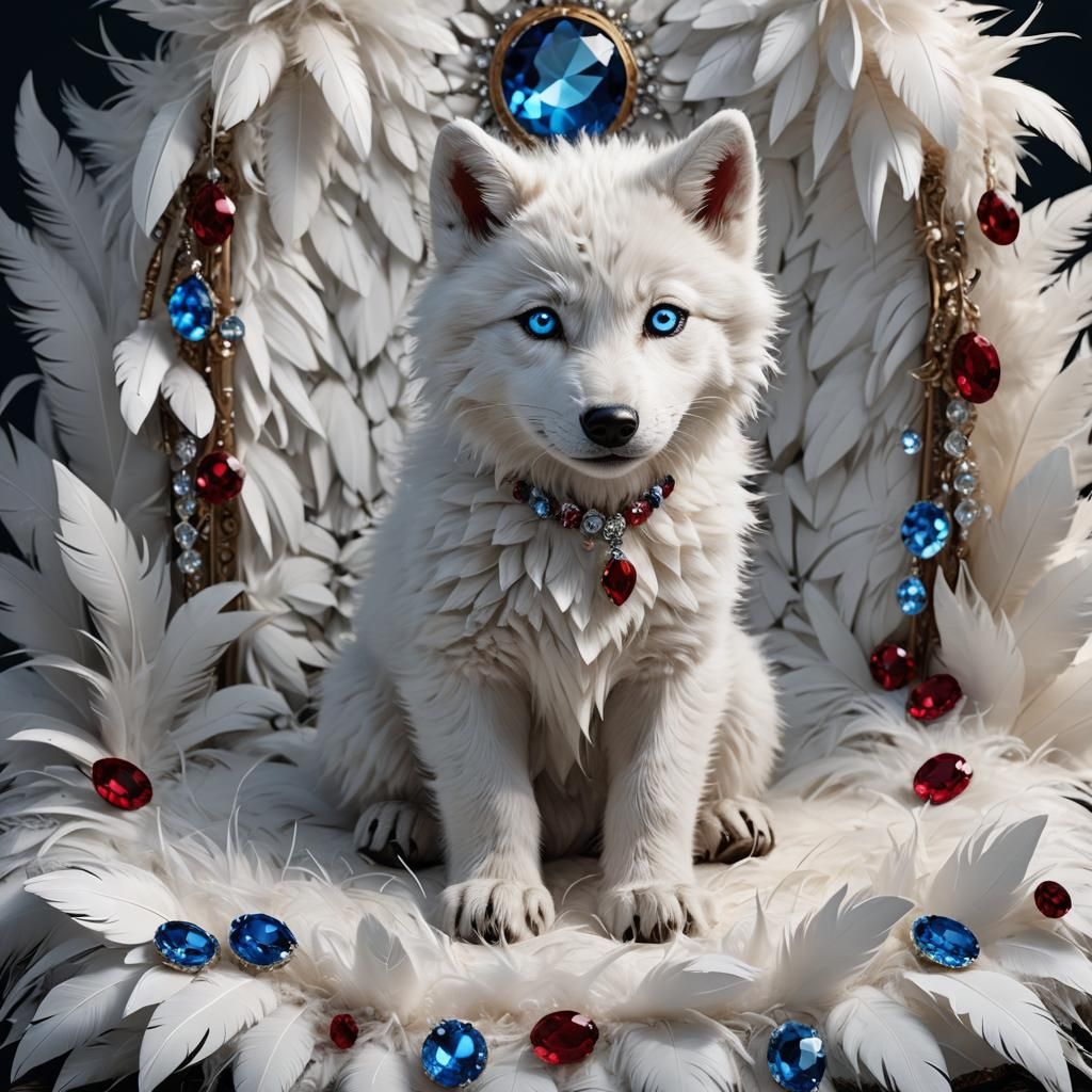 Adorable White Wolf Pup on Jeweled Pillow