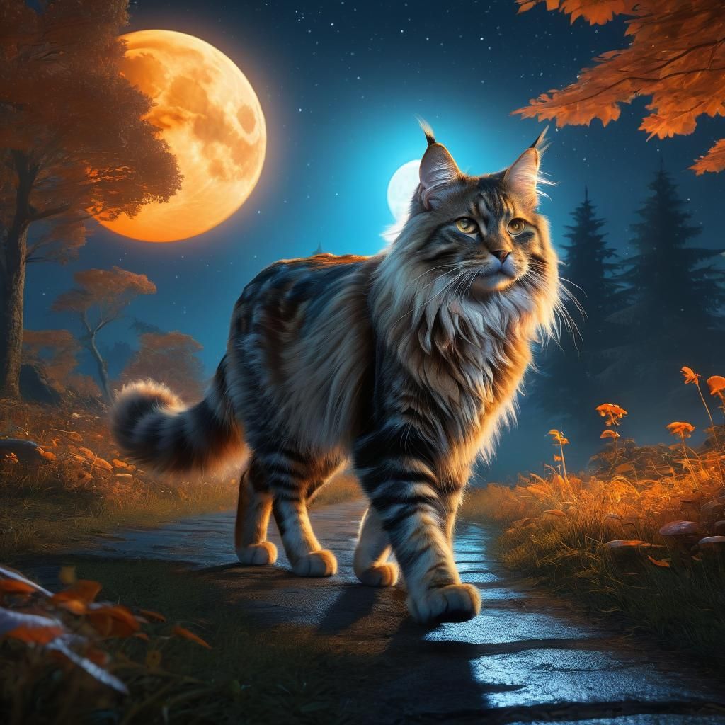 Maine Coon Cat Under Giant Moon: Digital Painting