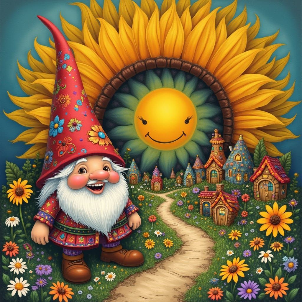 Whimsical Gnome Village in a Sunflower, Psychedelic Art