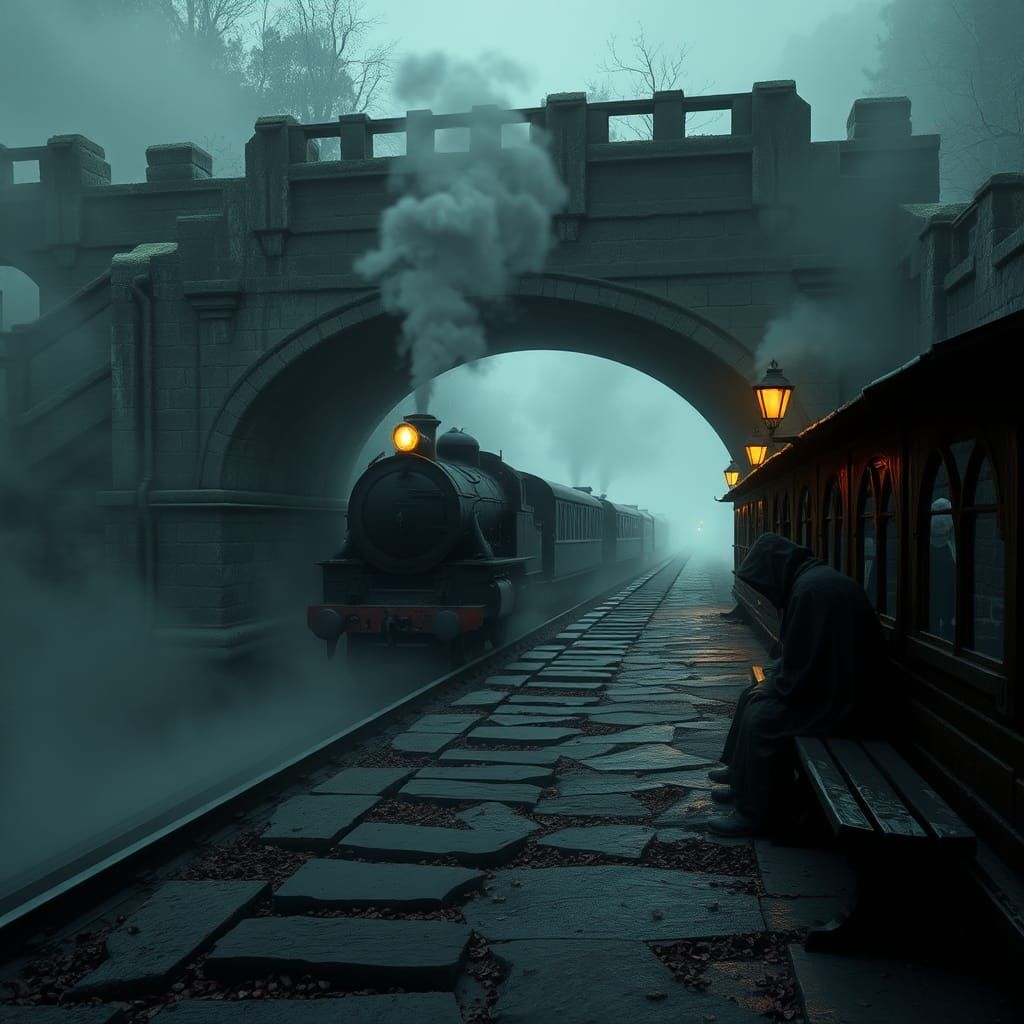 Ominous Train Under Ancient Bridge in Dark Fantasy Style