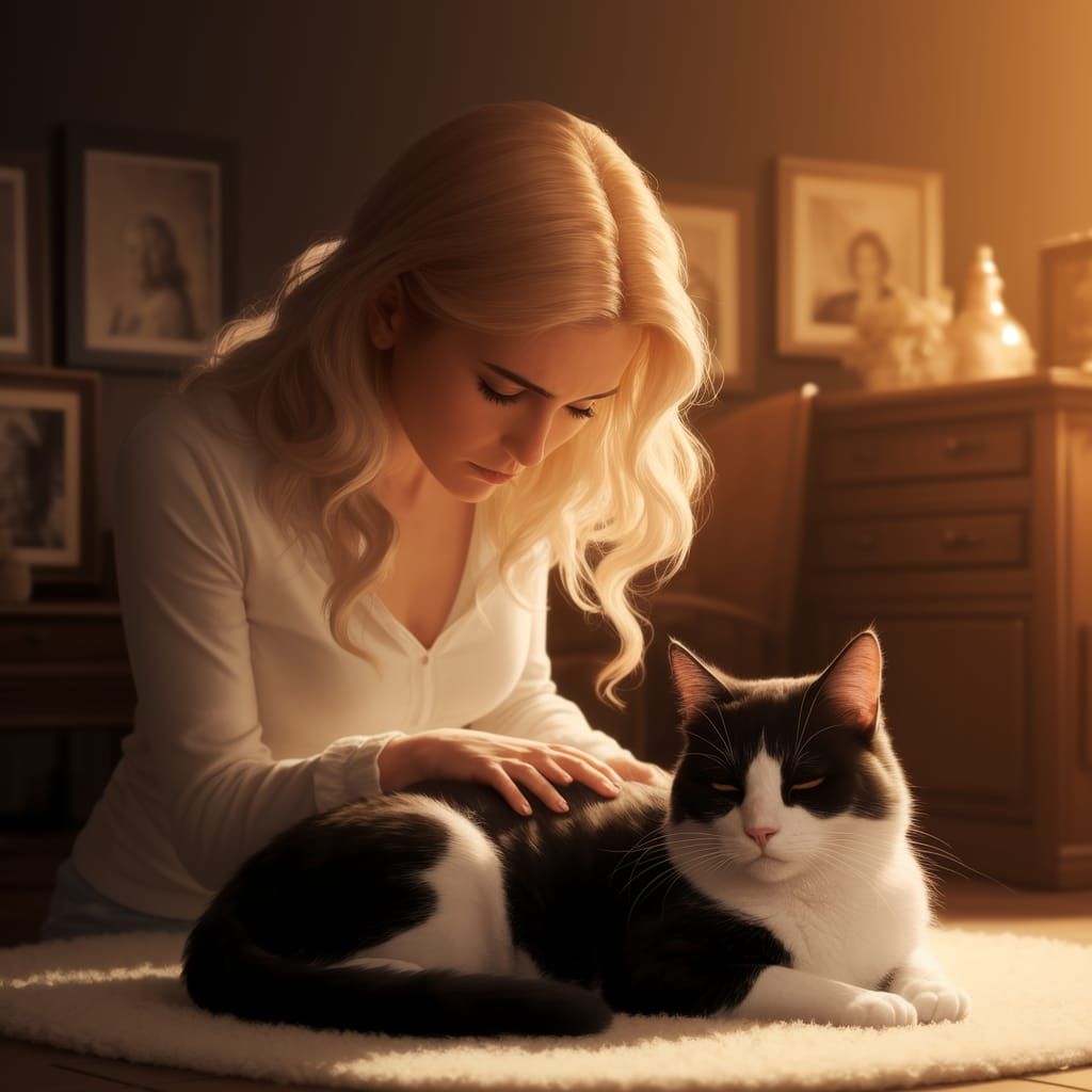 Sorrowful Woman and Cat in Golden Light