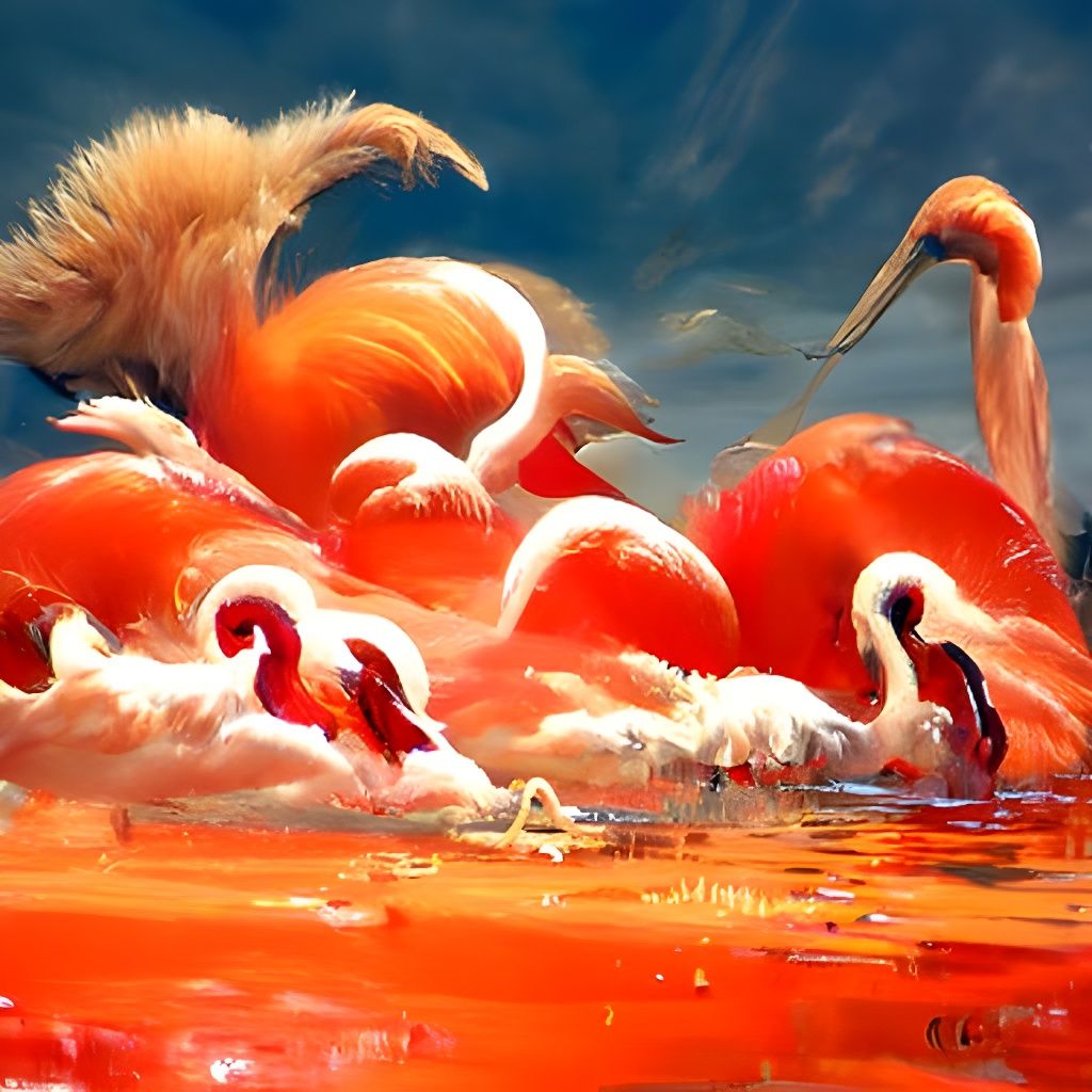 Flamingos in Water: Oil Painting Under Orange Sky