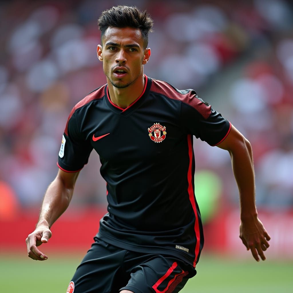 Dynamic Soccer Player in Sleek Black and Red Uniform