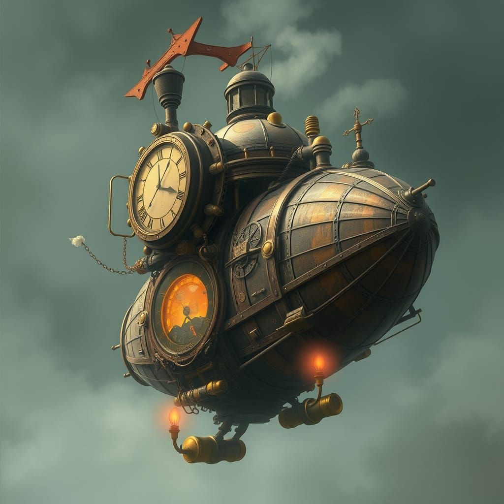 Steampunk Time Machine Airship in Retro-Futuristic Style
