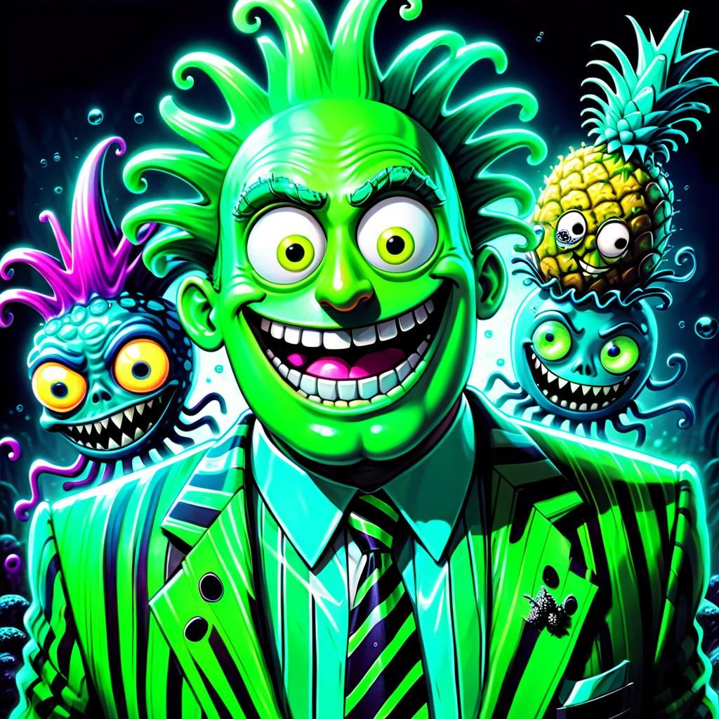 SpongeBob and Beetlejuice Fusion in Gothic Cartoon Style