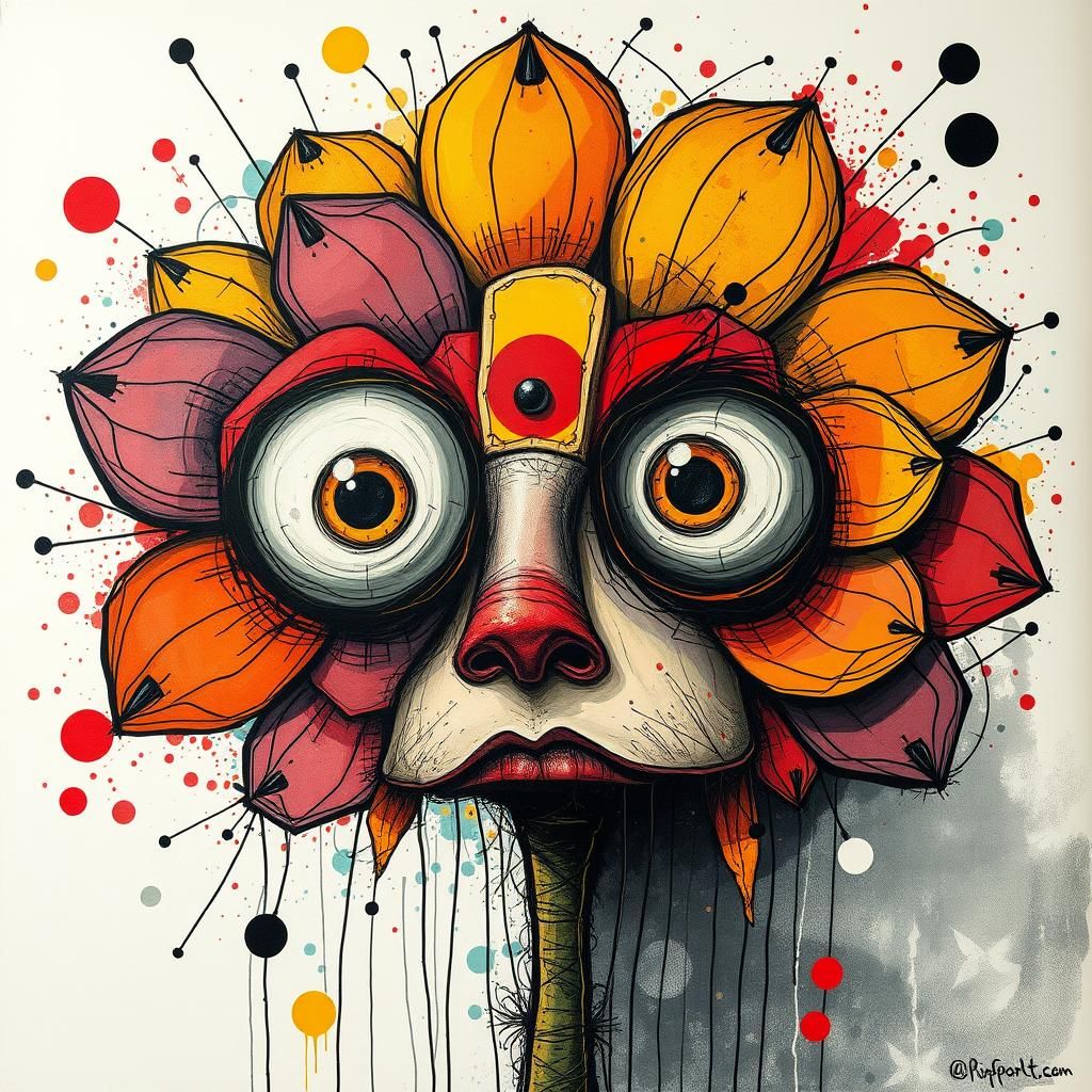 Pop Art Flower Face in Cubist Scribble Style