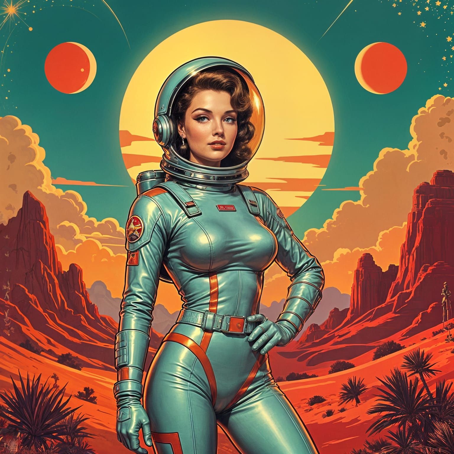 Pin-Up Astronaut in Alien Landscape