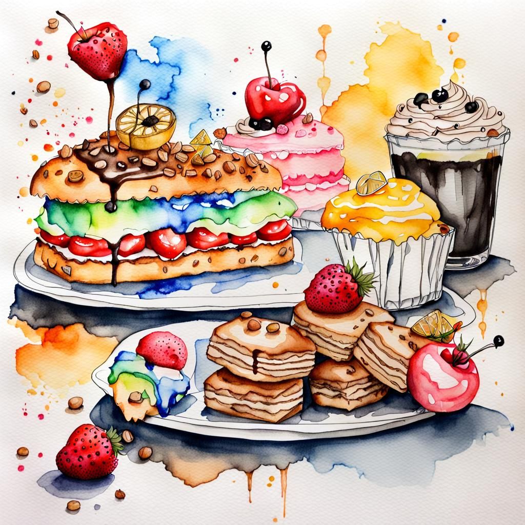 Watercolor Ink Drawing of a Sweet Dessert