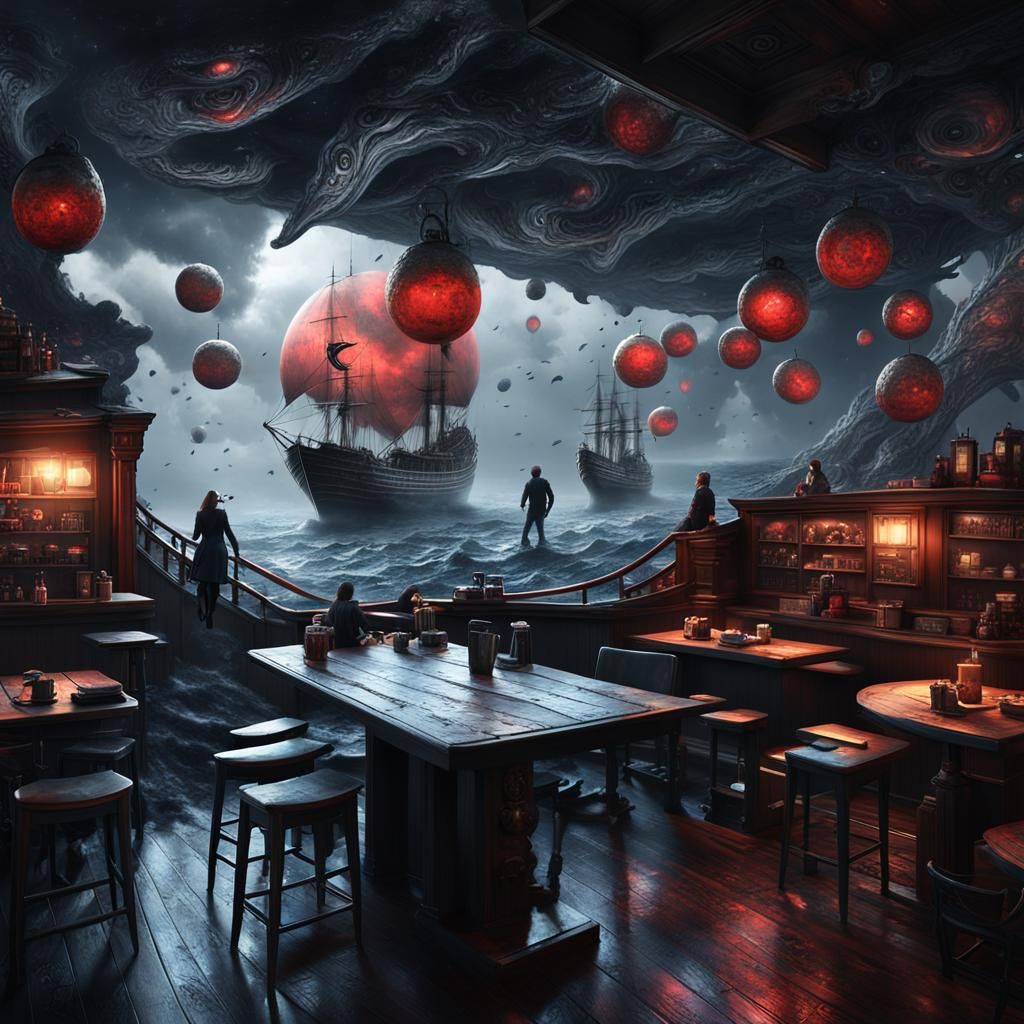 Surreal Coffee Shop with Goth Model in Detailed Matte Painti...