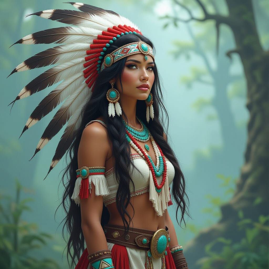 Native American Goddess in Misty Forest, Fantasy Art