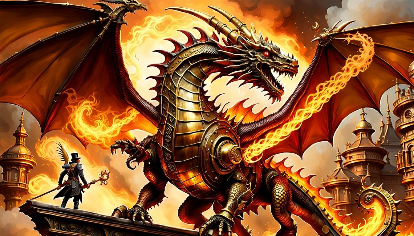 Steampunk Dragon and Amazonian Warrior in Ornate World