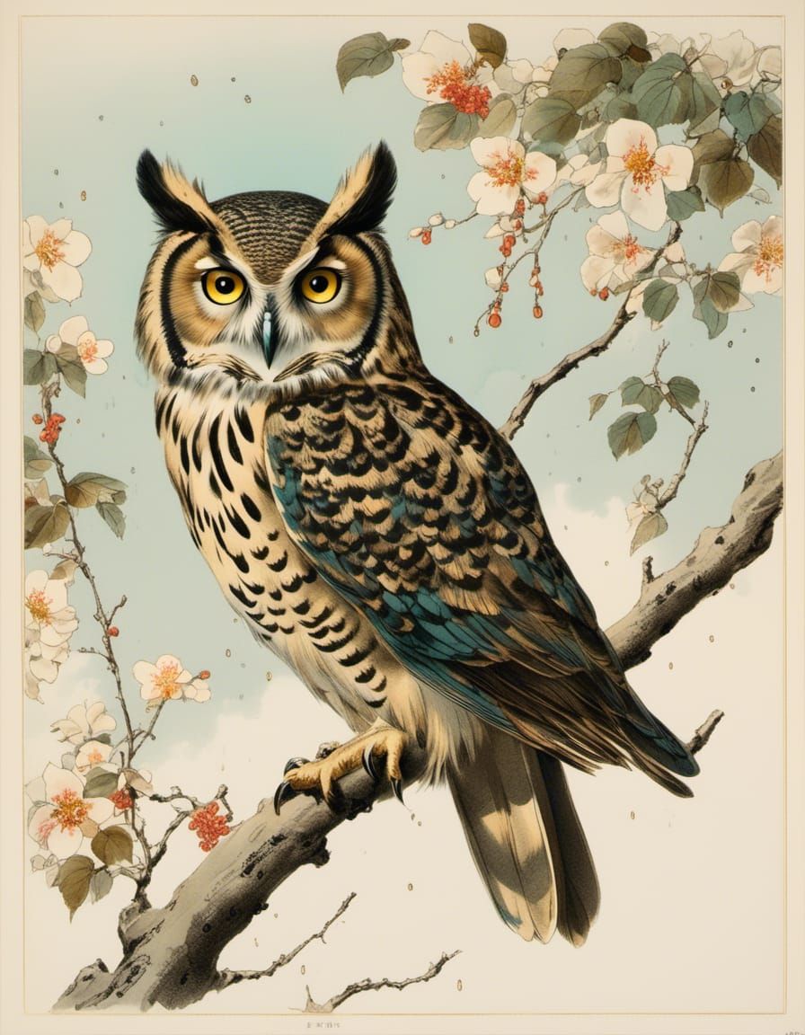 Vintage Ink Drawing of Owl on Branches