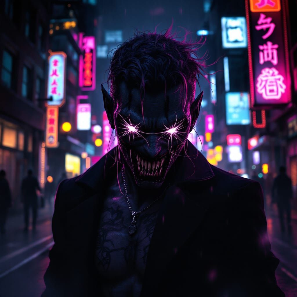 Gothic Cyberpunk Figure in Neon Cityscape