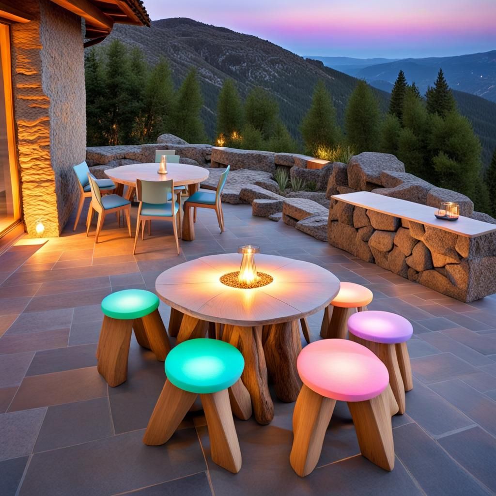 Mountain Hut Terrace with Pastel Lights, Impressionistic Sty...