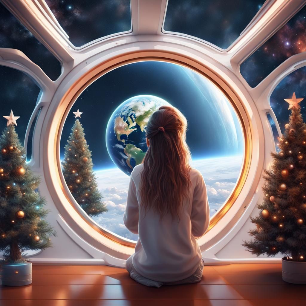 Girl watching earth from spaceships window and have small ch...