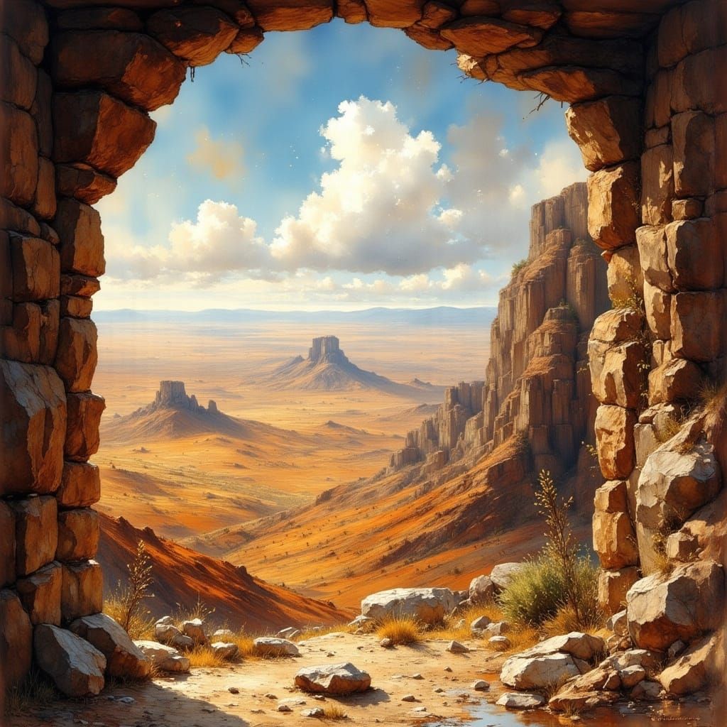 Castle Window View Over Red Rocky Steppe Landscape