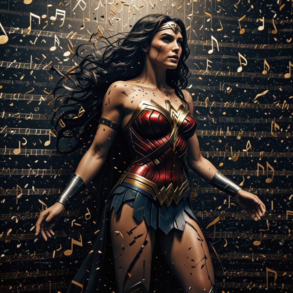 Wonder Woman in Musical Notes, Hyperrealistic Rendering