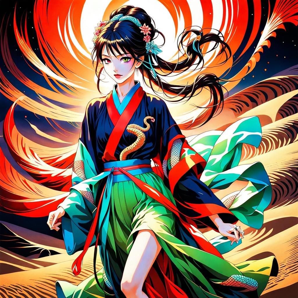 Anime Snake Woman Dancing in Desert Sand