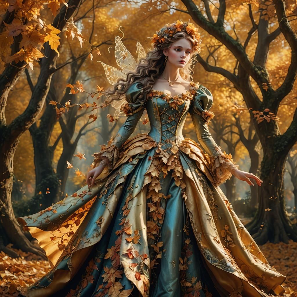 Rococo Fairy Portrait Amidst Autumn Leaves