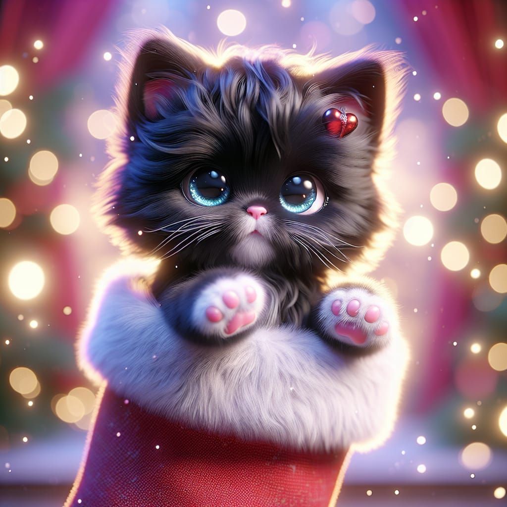 Charming Kitten in Christmas Stocking, 3D Render