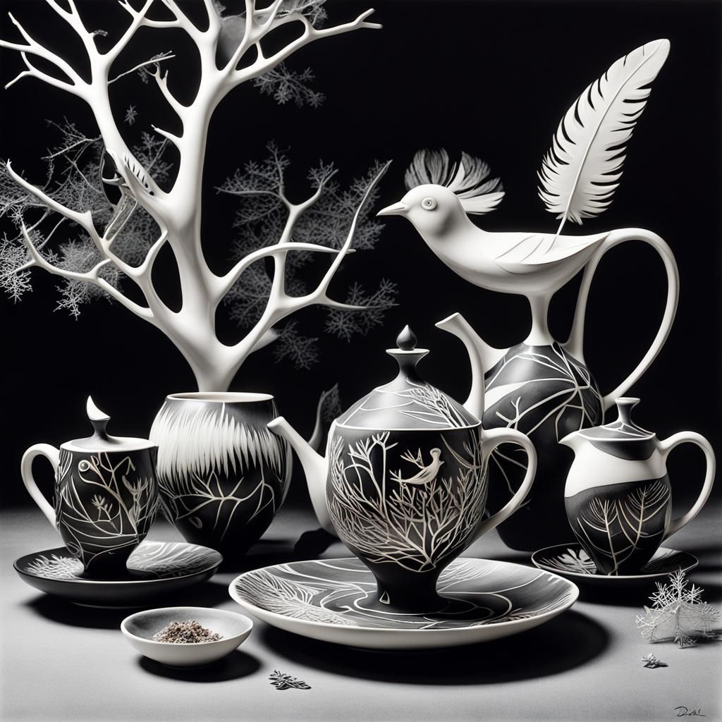 Surreal Clay Pottery Tea Set in Grayscale