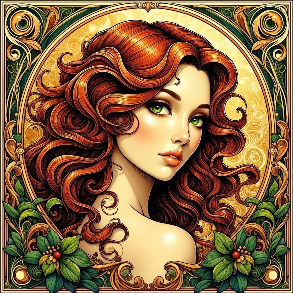 <lora:Neo Art Nouveau:1.0>  Portrait of auburn haired woman.