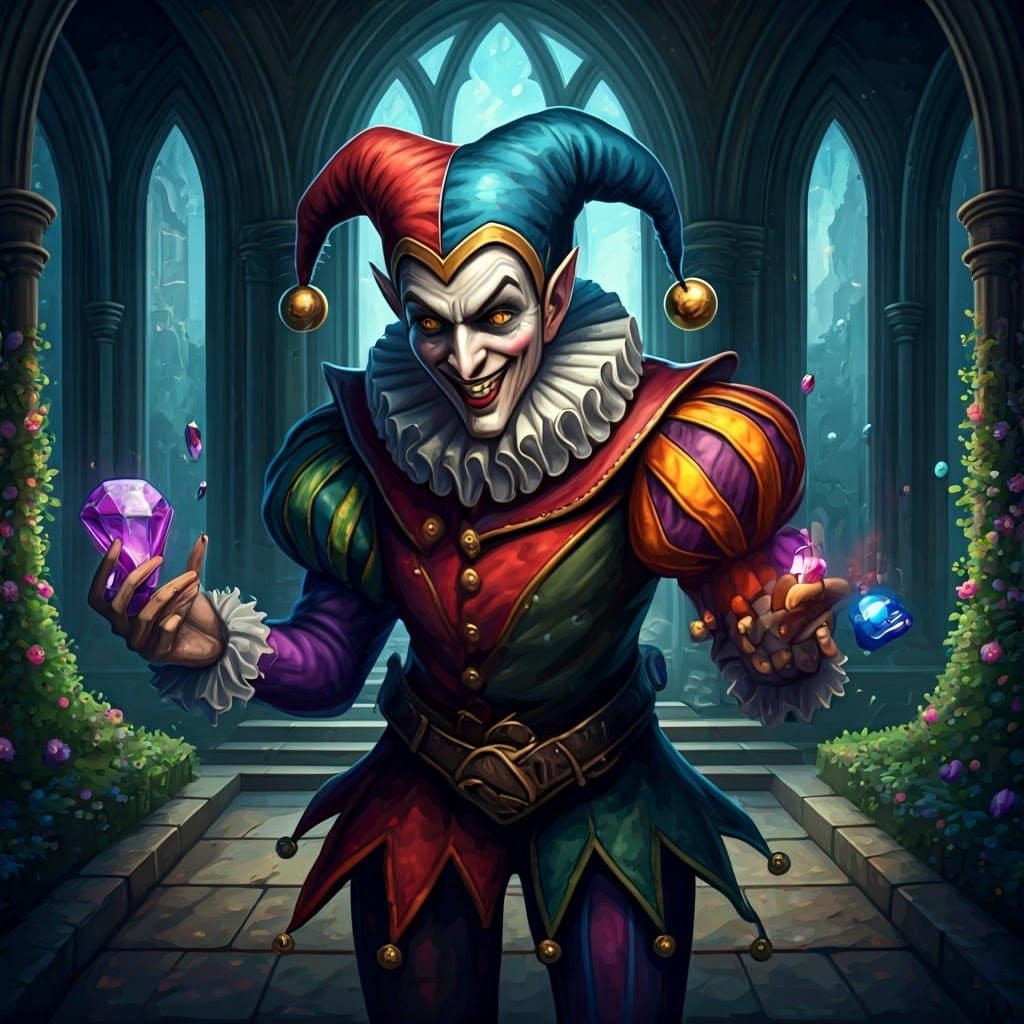 Whimsical Mid-Evil Jester in Vibrant Castle Garden