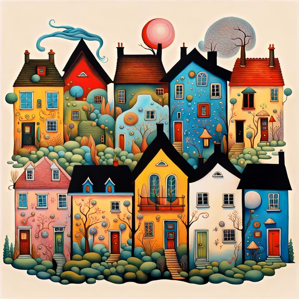 A bunch of houses, vibrant neighorhood