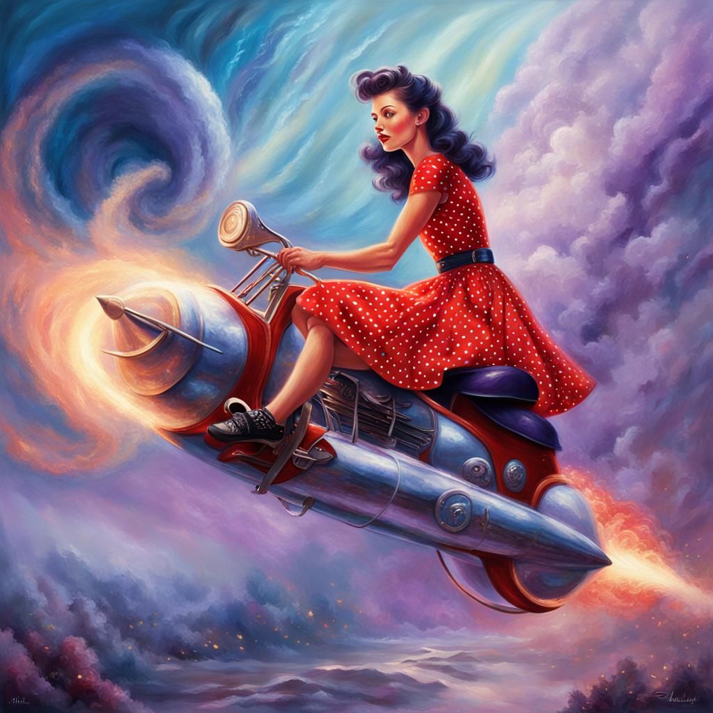 Rockabilly Girl on Missile in Ethereal Fantasy Style