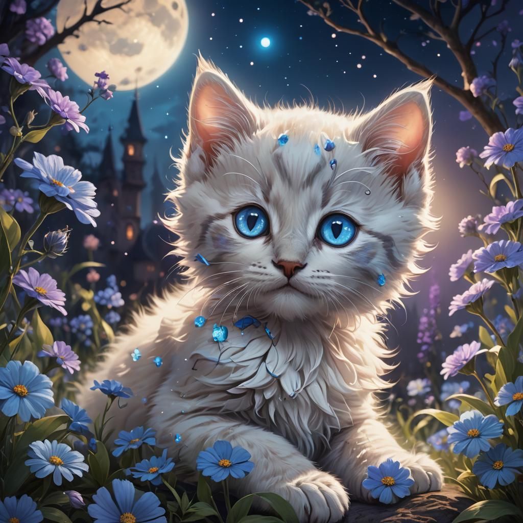 Ethereal Kitten Offers Flowers Under Moonlight