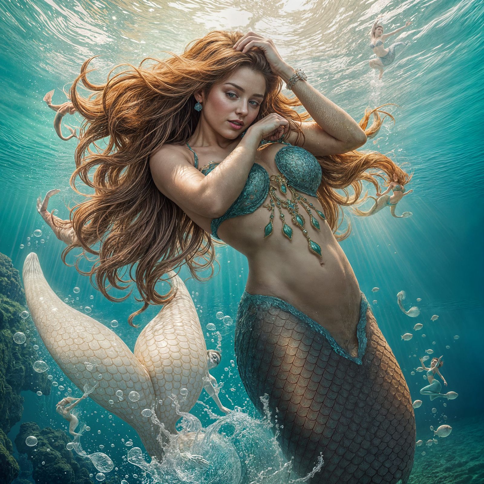 Hyperrealistic Mermaid Leaping From Colorful Underwater Worl...