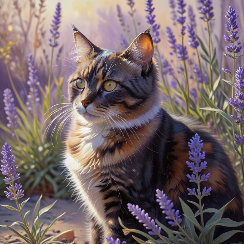 Impressionist Cat Portrait with Lavender Plant